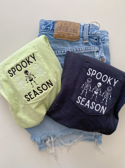 Spooky Season Skeleton Pocket Tee -- Embroidered, Comfort Colors Tee