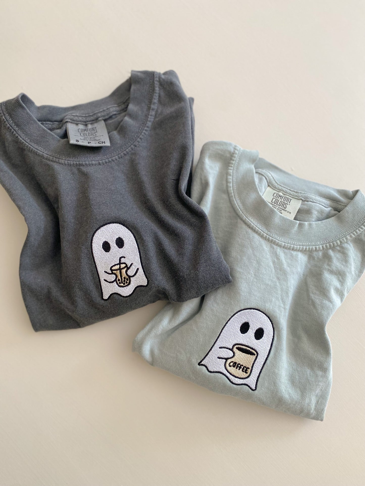 Little Ghost Coffee Tee -- Comfort Colors, Embroidered, Halloween Tee