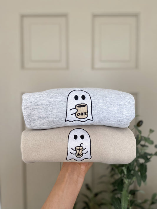 Little Ghost Coffee Crewneck -- Embroidered Sweatshirt, Fall Sweatshirt