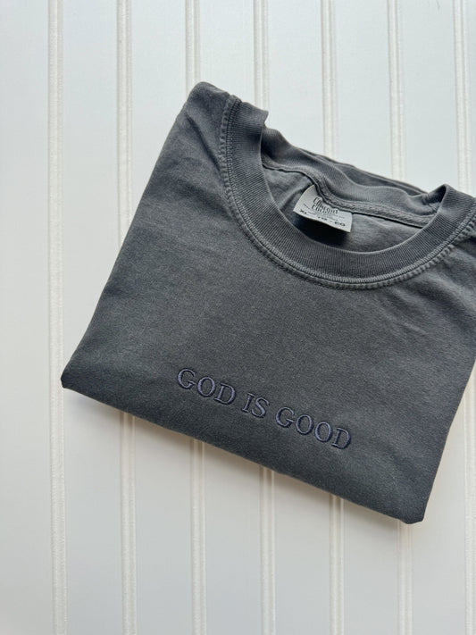 God is Good Embroidered Tee -- Comfort Colors, Dainty Embroidery, Gifts For Her