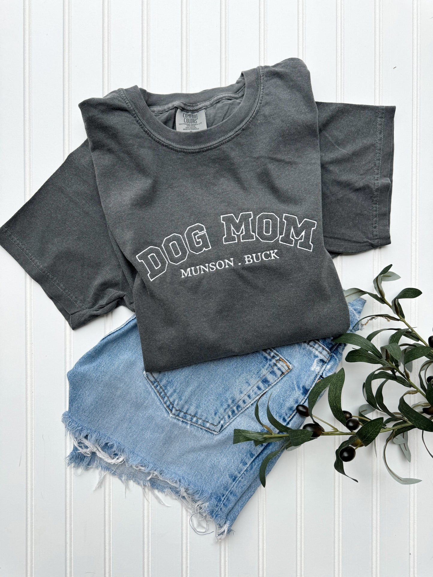 Dog Mom Tee, Custom Varsity Letter -- Embroidered, Comfort Colors, Gift