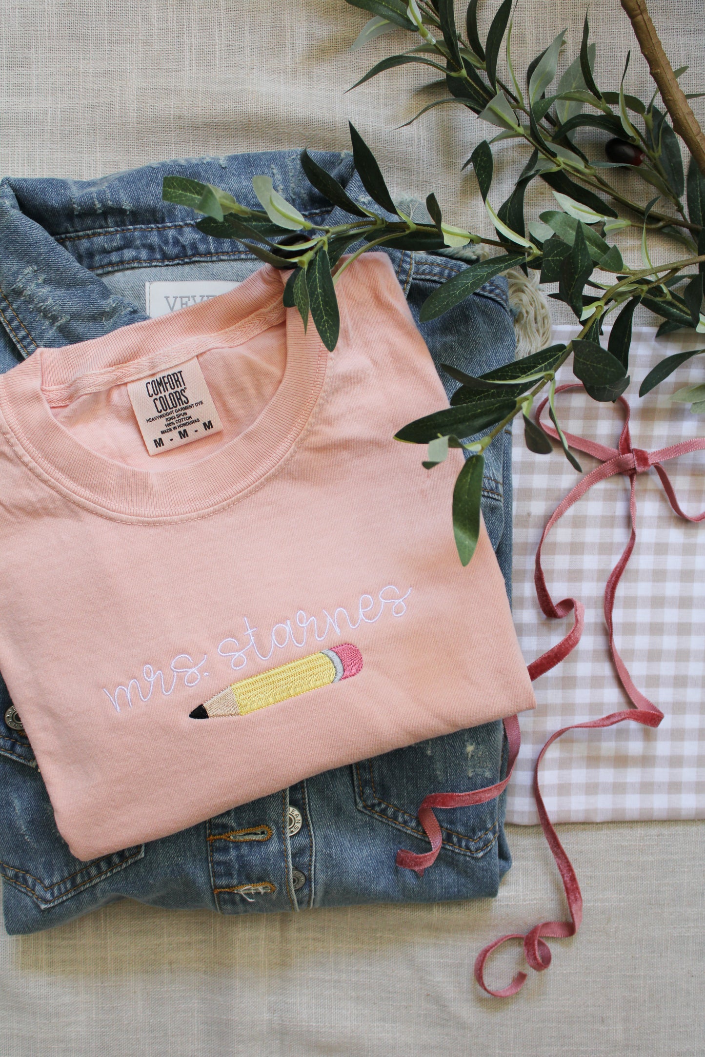 Teacher Name + Pencil Embroidered Shirt