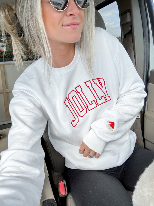Jolly + Merry Varsity Sweatshirt -- Embroidered, Santa Hat Sleeve Design, Must Have for Christmas!