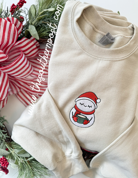 Santa Snowman Sweatshirt -- Embroidered, Hot Cocoa, Christmas Sweatshirt