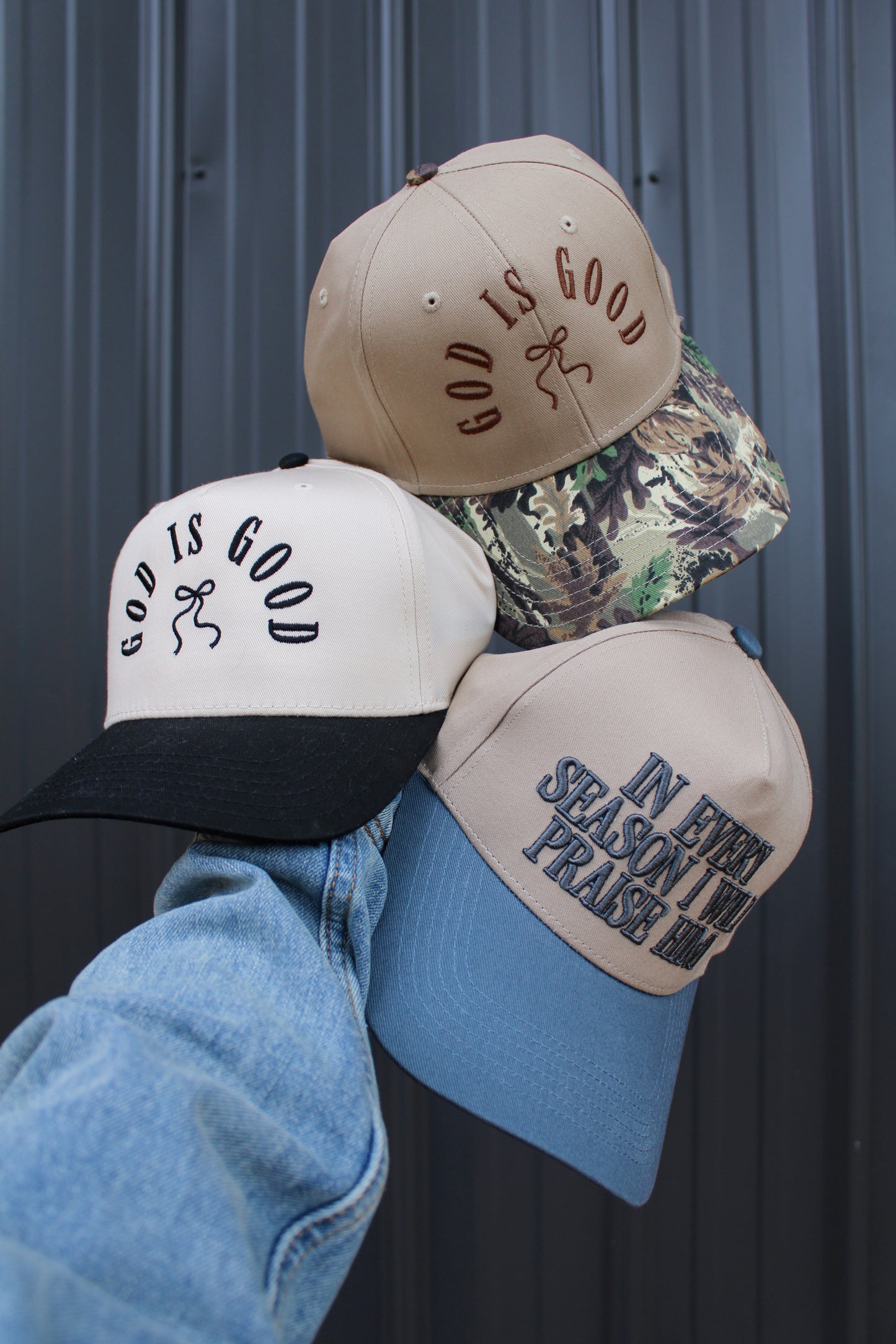 God is Good Trucker Hat -- Tan + Camo