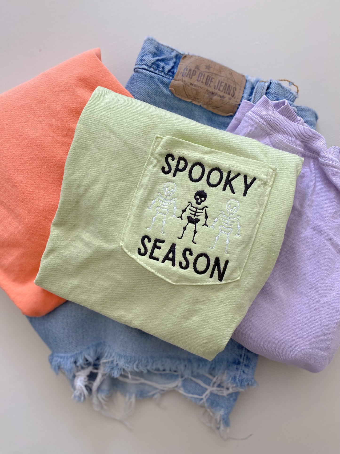Spooky Season Skeleton Pocket Tee -- Embroidered, Comfort Colors Tee