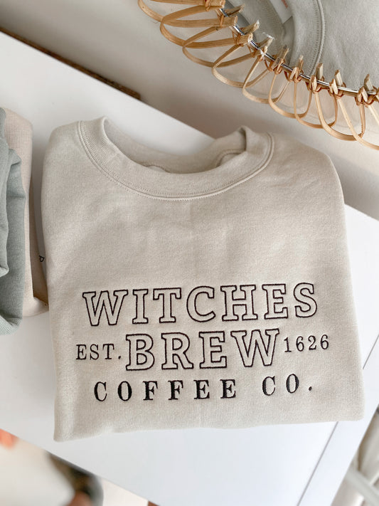 Witches Brew, Coffee Co. Crewneck -- Halloween Sweatshirt, Embroidered, Choose Your Color!