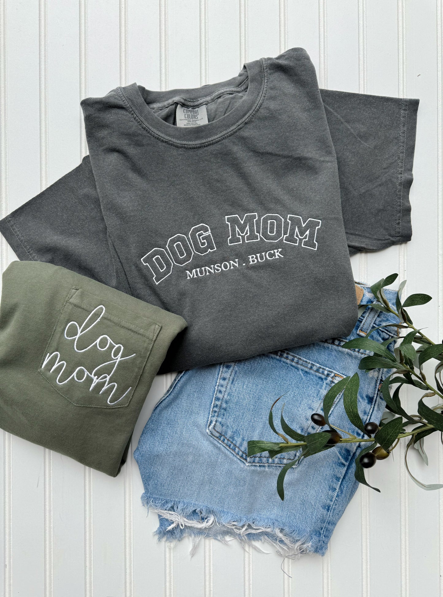 Dog Mom Tee -- Customizable, Embroidered Tee, Dainty Design, Comfort Colors