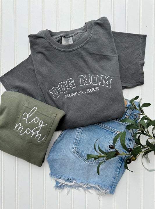 Dog Mom Tee, Custom Varsity Letter -- Embroidered, Comfort Colors, Gift