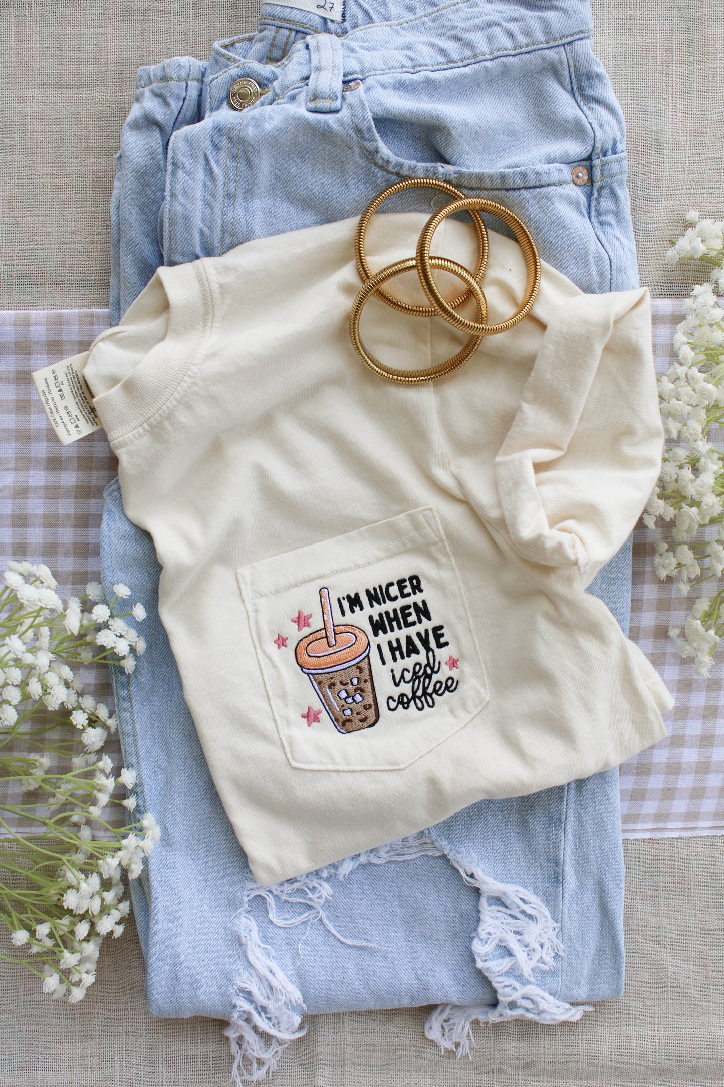 I'm Nicer When I Have Iced Coffee -- Embroidered Pocket Tee