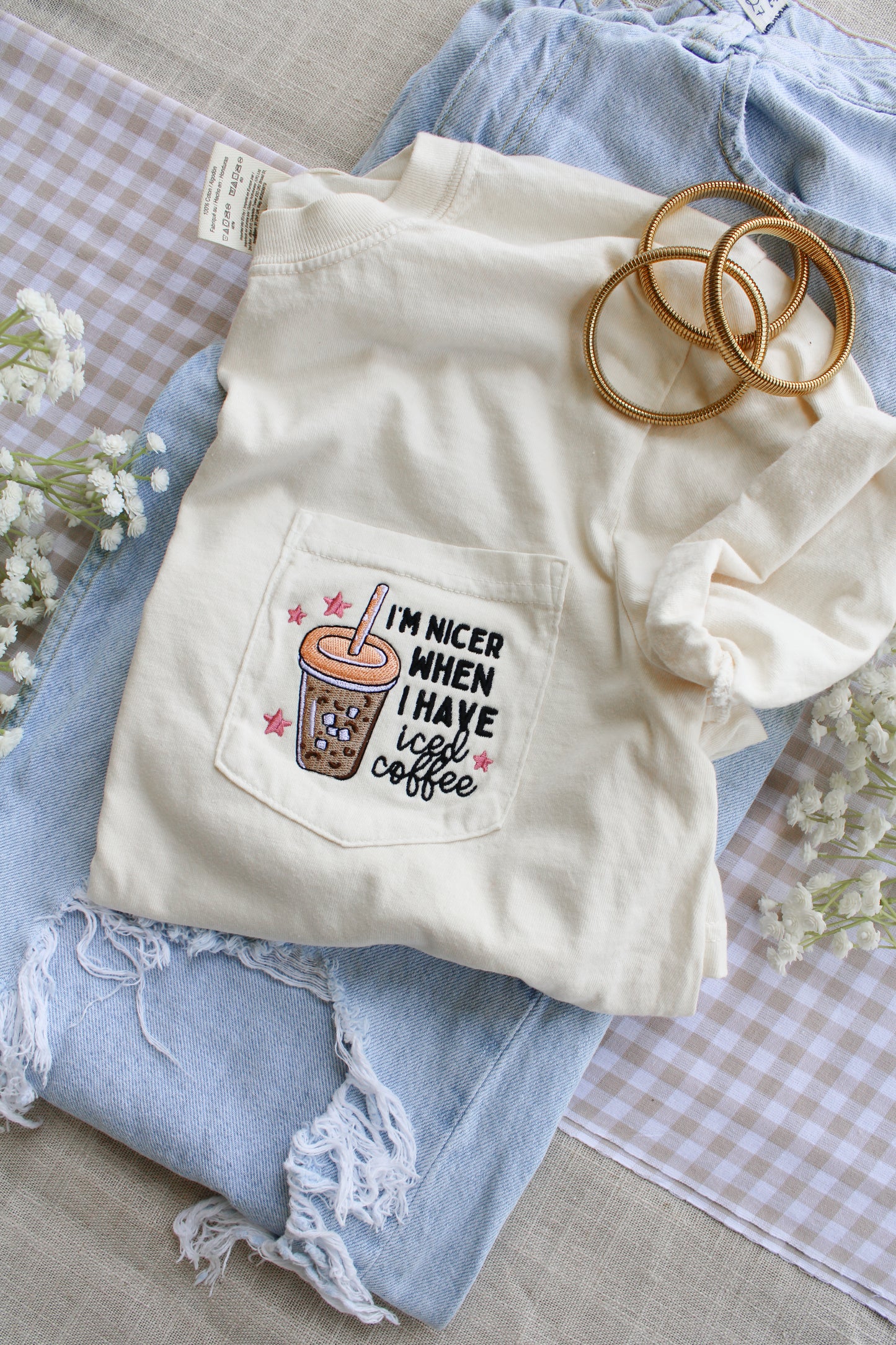 I'm Nicer When I Have Iced Coffee -- Embroidered Pocket Tee