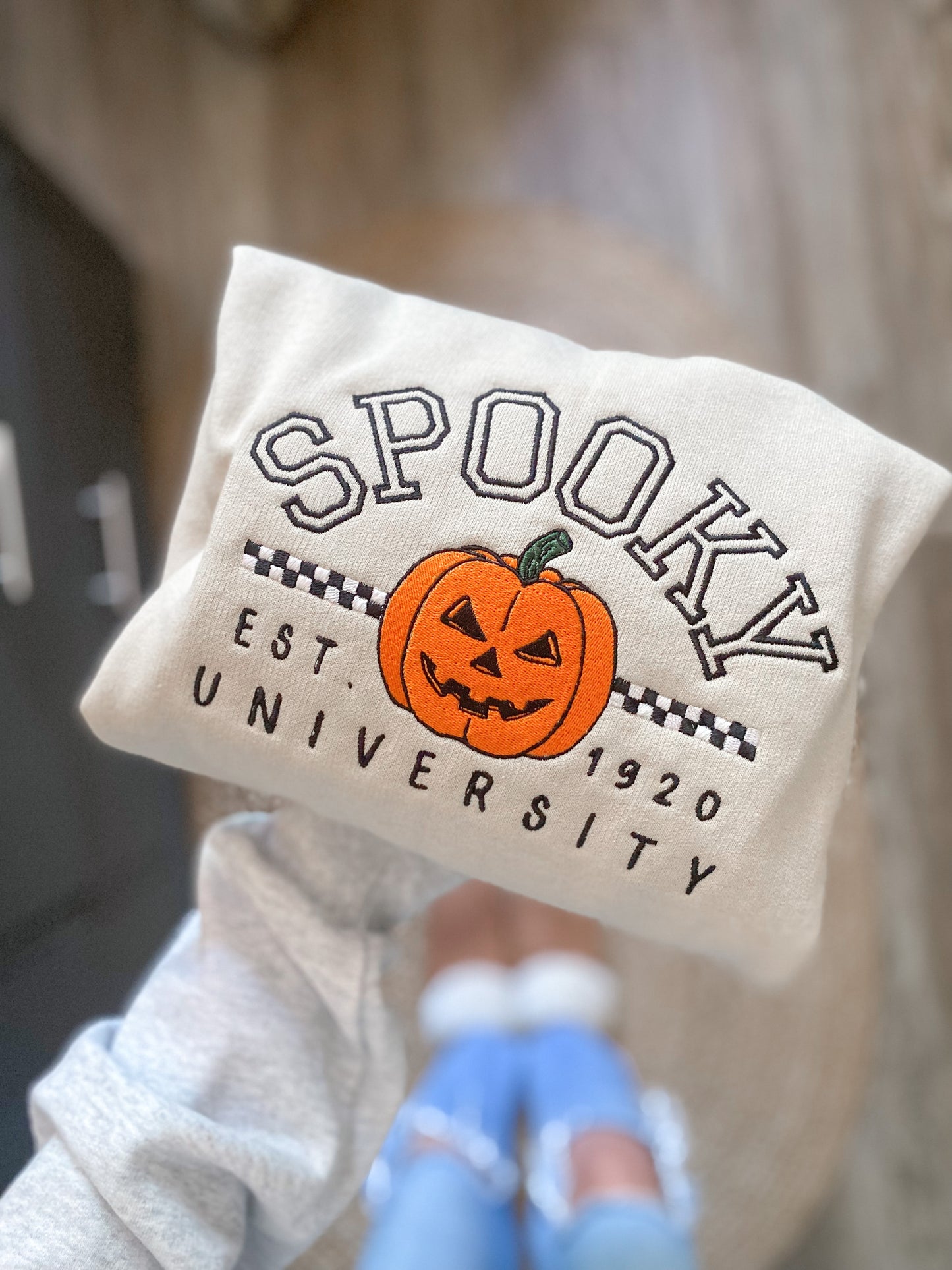Spooky University Pumpkin Crewneck -- Embroidered Sweatshirt, Fall Sweatshirt