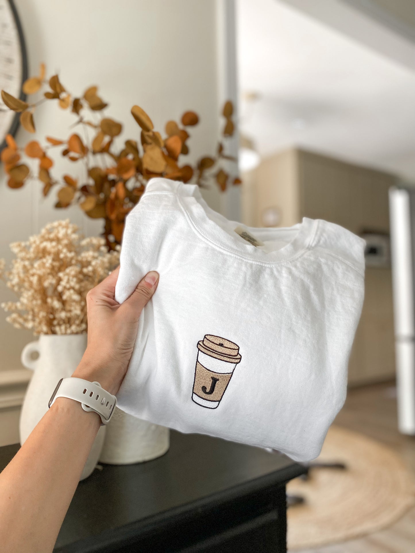 Coffee Tumbler Single Initial Sweatshirt -- Coffee Lover Tee, Embroidered Design, Comfort Colors