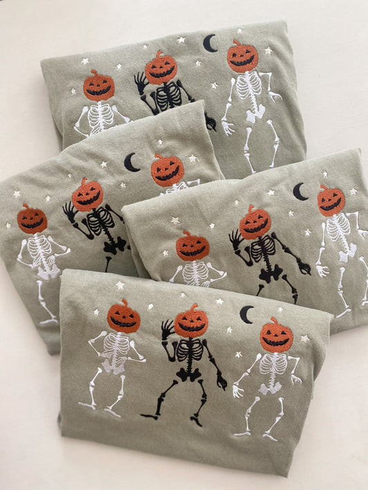 Pumpkin Skellies Embroidered Tee  -- Short Sleeve, Comfort Colors