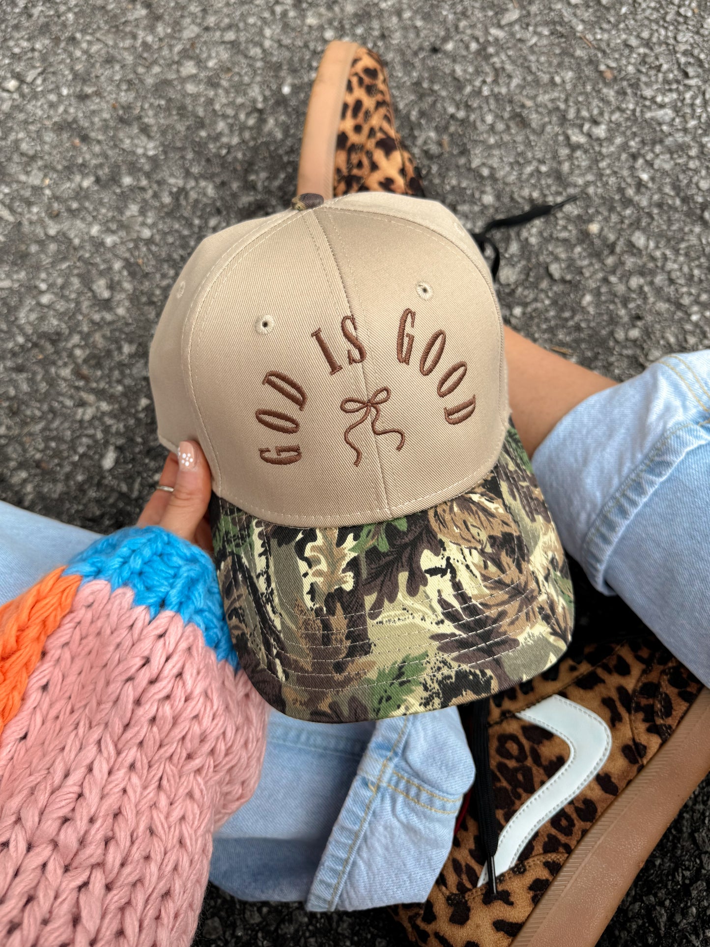 God is Good Trucker Hat -- Tan + Camo