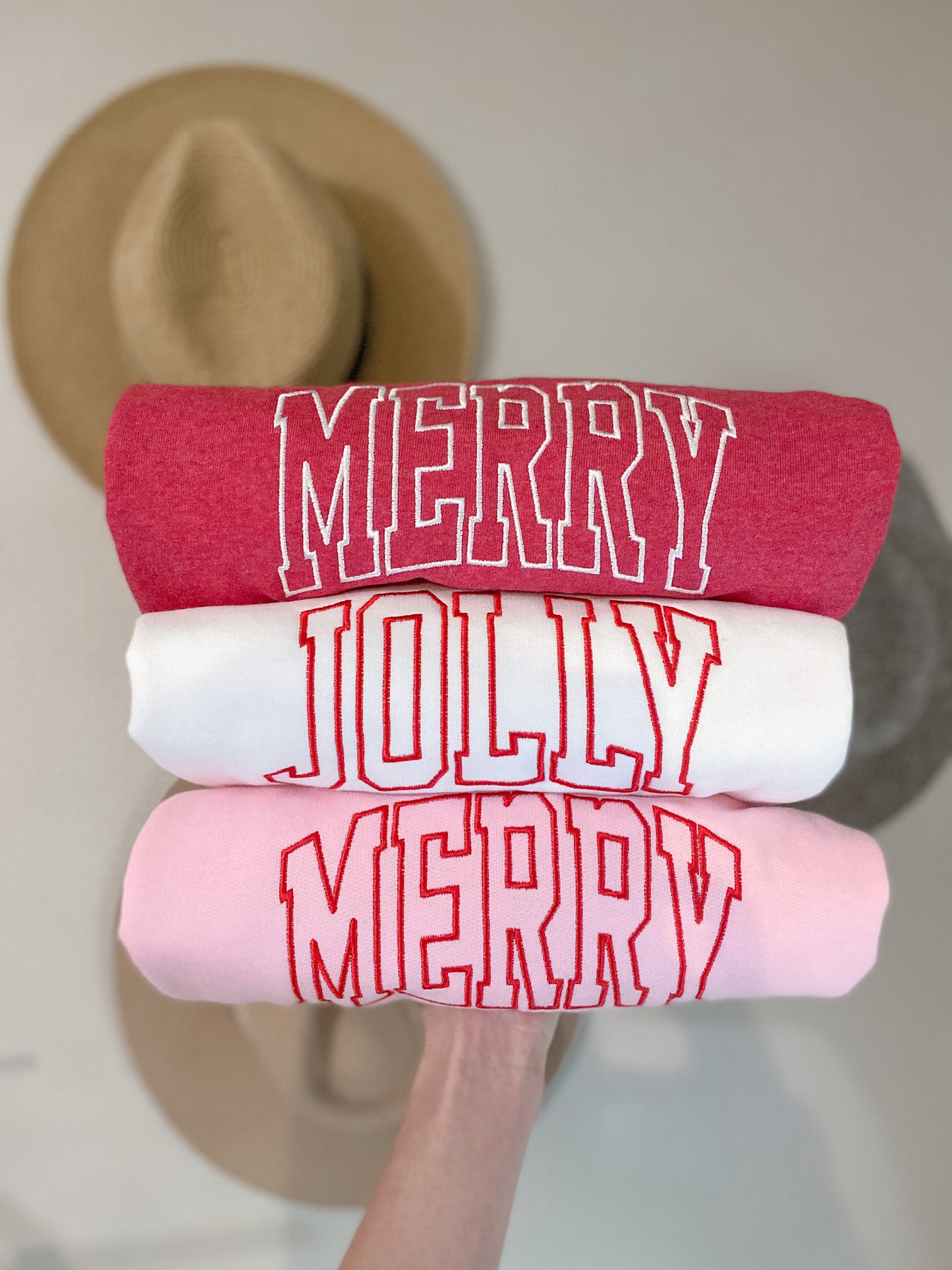 Jolly + Merry Varsity Sweatshirt -- Embroidered, Santa Hat Sleeve Design, Must Have for Christmas!