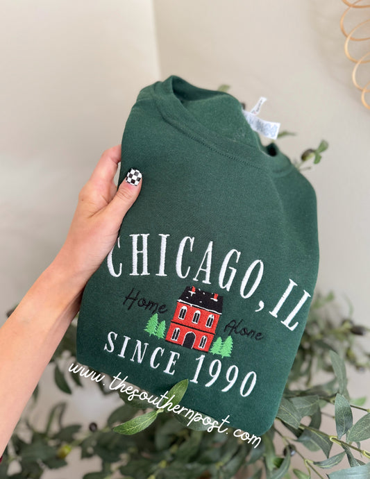 Chicago, IL Travel Sweatshirt, Embroidered -- Home Alone Inspired, Christmas Sweatshirt