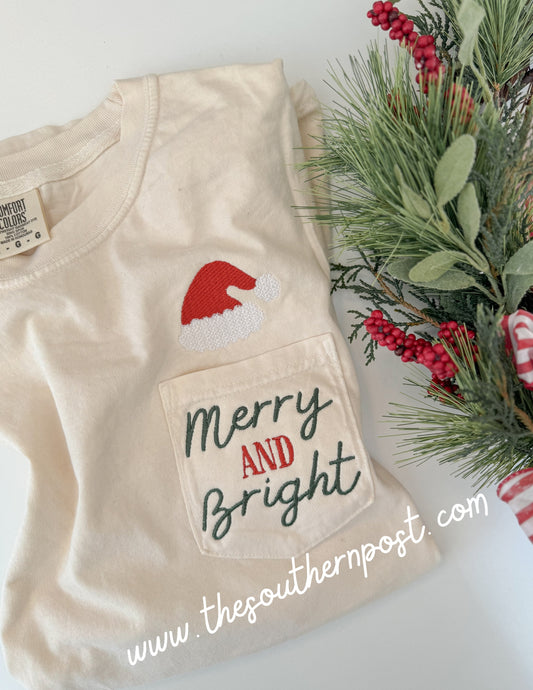Merry & Bright Santa Hat Pocket Tee -- Embroidered Design, Vintage Christmas, Holiday Tee
