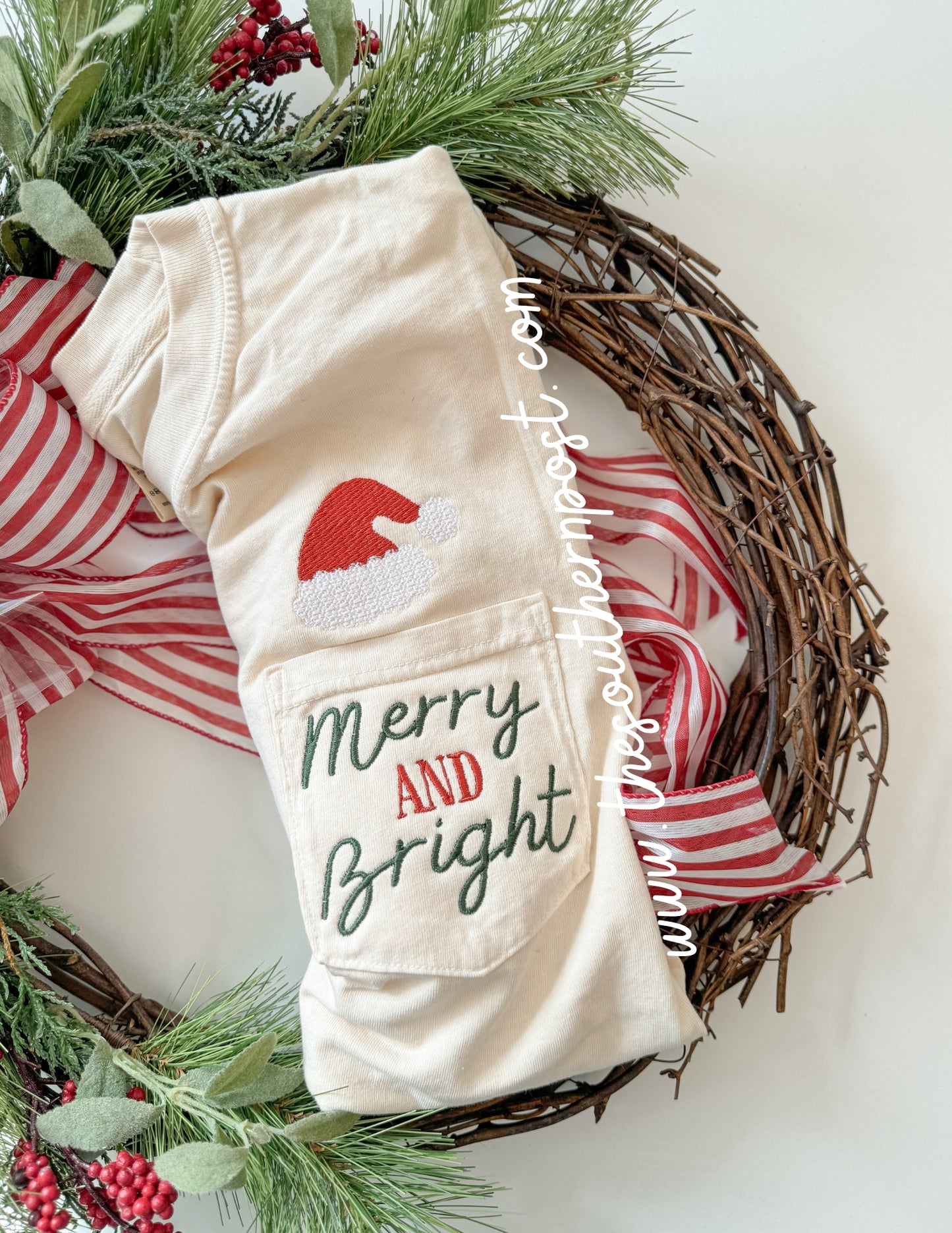 Merry & Bright Santa Hat Pocket Tee -- Embroidered Design, Vintage Christmas, Holiday Tee
