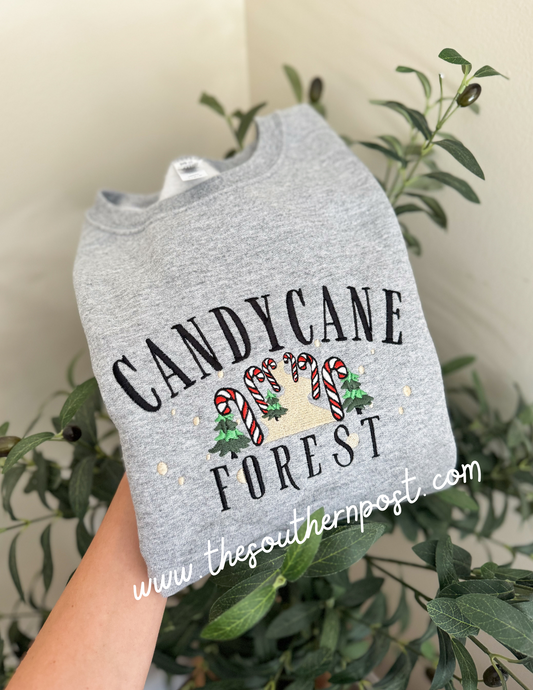 Candy Cane Forest Sweatshirt -- Embroidered, Elf Inspired, Christmas Sweatshirt