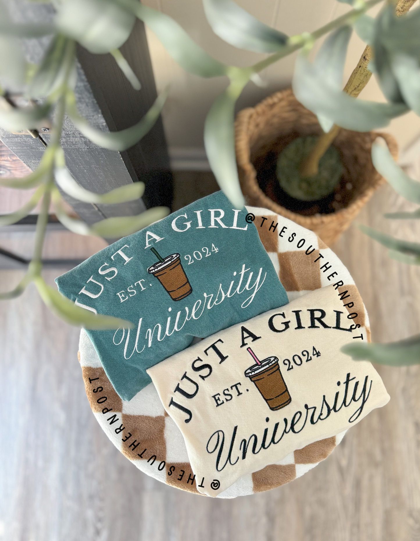 Just A Girl University Shirt -- Embroidered Crewneck, Iced Coffee, Cozy Tee or Pullover