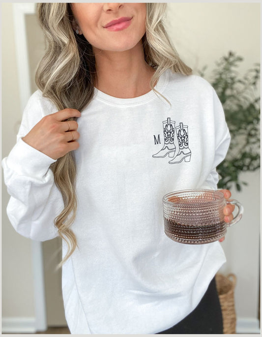 Cowboy Boot Single Initial Crewneck -- Embroidered, Dainty Monogram