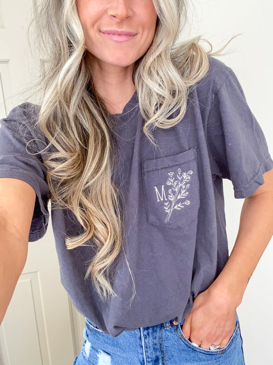 Single Initial Floral Pocket Tee -- Comfort Colors, Other Colors!