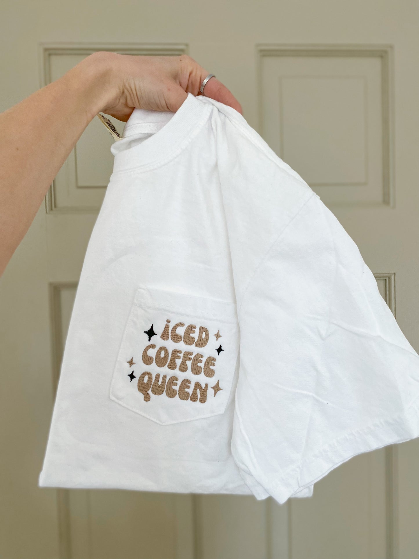 Iced Coffee Queen Pocket Tee -- Comfort Colors, Embroidered