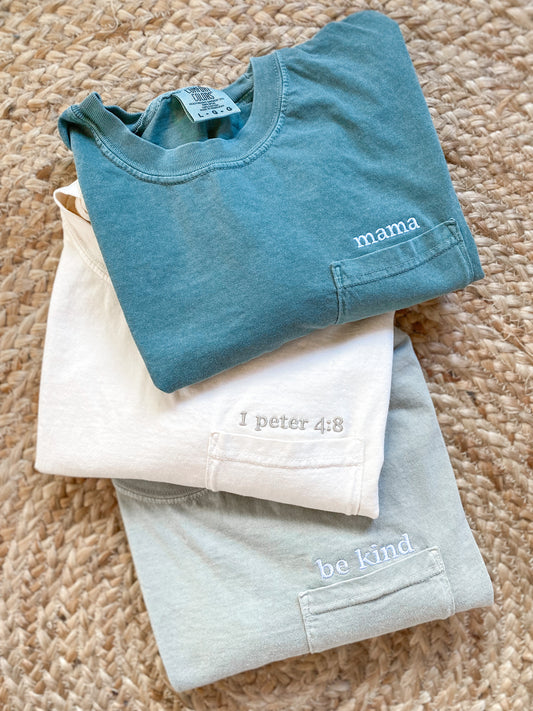 Custom Pocket Tee -- Embroidered, Customizable To Any Wording!